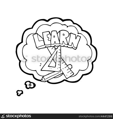 freehand drawn thought bubble cartoon pencil and ruler under Learn symbol