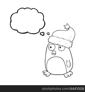 freehand drawn thought bubble cartoon penguin in christmas hat
