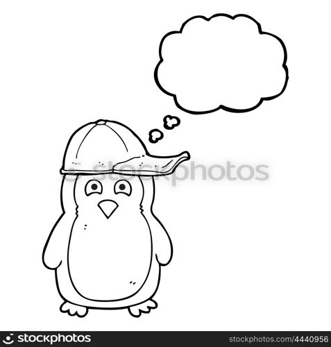 freehand drawn thought bubble cartoon penguin wearing hat