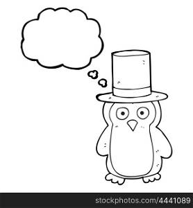 freehand drawn thought bubble cartoon penguin wearing hat
