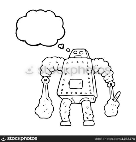 freehand drawn thought bubble cartoon robot carrying shopping