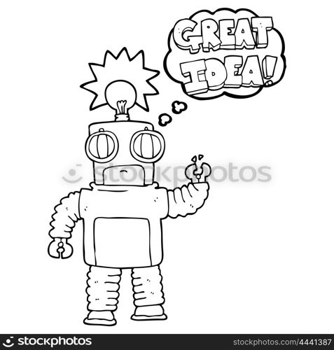 freehand drawn thought bubble cartoon robot with great idea