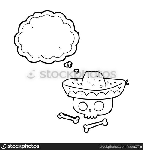 freehand drawn thought bubble cartoon skull in mexican hat