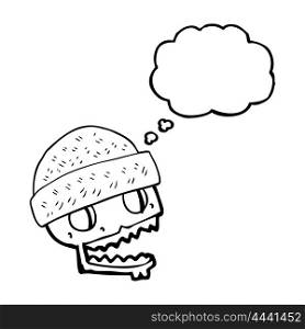 freehand drawn thought bubble cartoon skull wearing hat