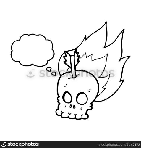 freehand drawn thought bubble cartoon skull with arrow