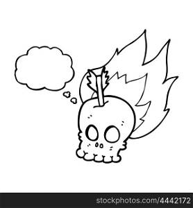 freehand drawn thought bubble cartoon skull with arrow