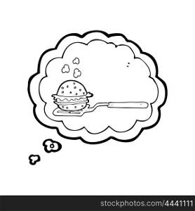 freehand drawn thought bubble cartoon spatula with burger