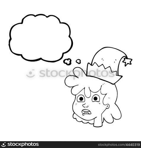 freehand drawn thought bubble cartoon stressed woman wearing santa hat