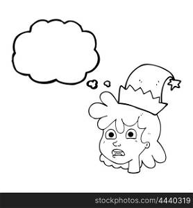 freehand drawn thought bubble cartoon stressed woman wearing santa hat