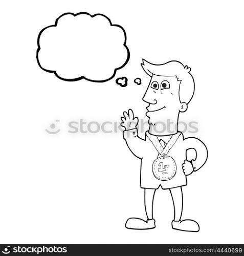 freehand drawn thought bubble cartoon waving man with award