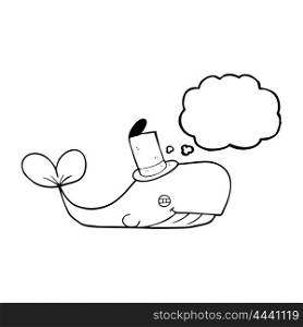freehand drawn thought bubble cartoon whale wearing hat