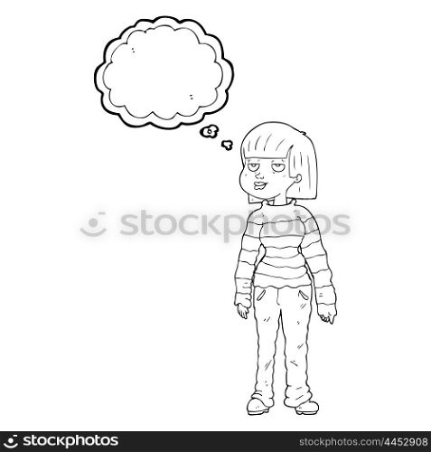 freehand drawn thought bubble cartoon woman in casual clothes