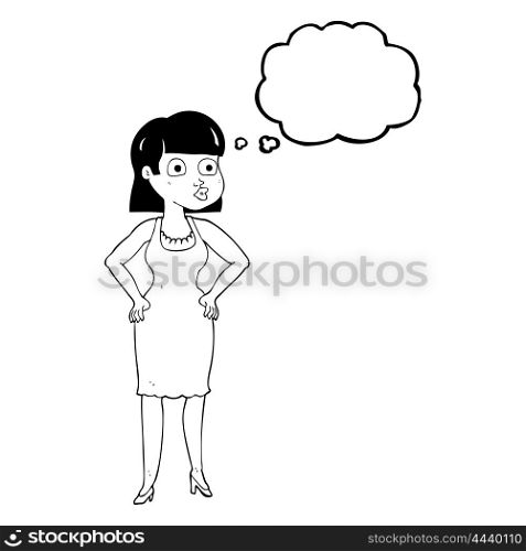 freehand drawn thought bubble cartoon woman in dress with hands on hips