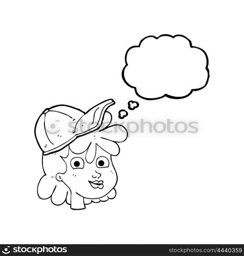 freehand drawn thought bubble cartoon woman wearing cap