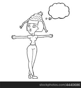 freehand drawn thought bubble cartoon woman wearing hat