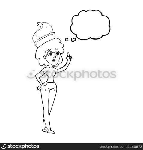 freehand drawn thought bubble cartoon woman wearing santa hat