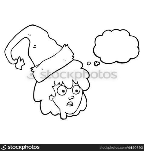 freehand drawn thought bubble cartoon woman wearning santa hat