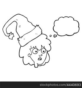 freehand drawn thought bubble cartoon woman wearning santa hat