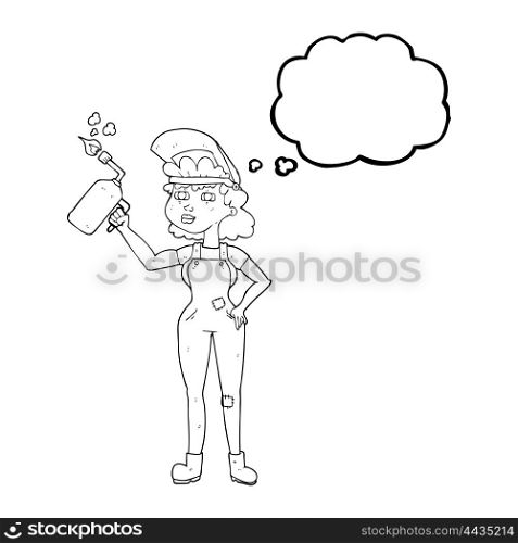 freehand drawn thought bubble cartoon woman welding