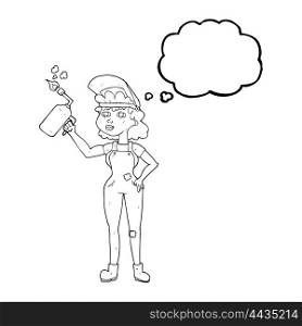 freehand drawn thought bubble cartoon woman welding