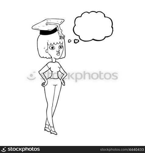 freehand drawn thought bubble cartoon woman with graduation cap