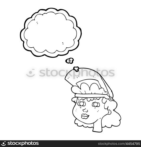 freehand drawn thought bubble cartoon woman with welding mask