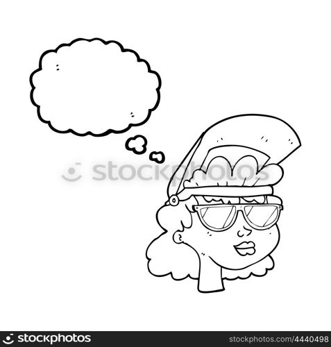 Freehand drawn thought bubble cartoon woman with welding mask and glasses