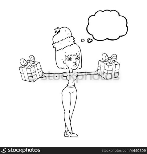 freehand drawn thought bubble cartoon woman with xmas presents