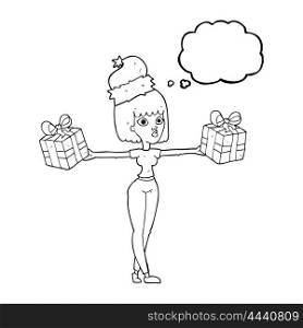 freehand drawn thought bubble cartoon woman with xmas presents
