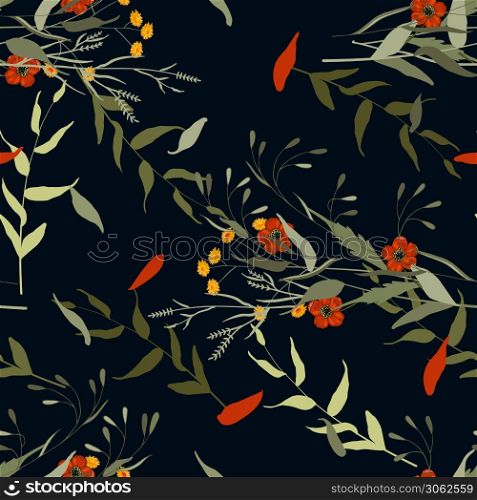 Freehand flowers seamless floral pattern with wild flowers and tropic leaves. Botanical background. Wallpaper. Hand drawn. Vector illustration. Botanical background. Wallpaper. Hand drawn. Vector illustration. Freehand flowers seamless floral pattern with wild flowers and tropic leaves.