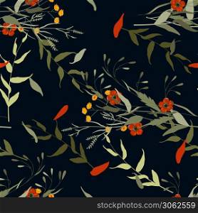Freehand flowers seamless floral pattern with wild flowers and tropic leaves. Botanical background. Wallpaper. Hand drawn. Vector illustration. Botanical background. Wallpaper. Hand drawn. Vector illustration. Freehand flowers seamless floral pattern with wild flowers and tropic leaves.