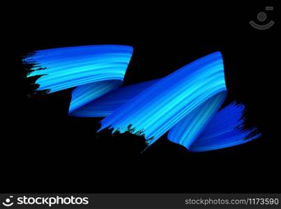 Freehand paint brush stroke realistic illustration. Flamboyant acrylic paint zig zag smears isolated on black background. Grunge style texture with metallic glow and blue color gradient effect. Blue paint brush stroke realistic illustration