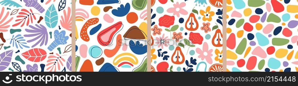 Freehand shapes seamless pattern. Abstract contemporary texture, different natural silhouettes. Colorful flickering elements decent vector print background. Illustration of freehand decoration pattern. Freehand shapes seamless pattern. Abstract contemporary texture, different natural silhouettes. Colorful flickering elements decent vector print background