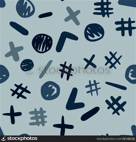 Freehand shapes seamless pattern on blue background. Colored backdrop. Simple design for fabric, textile print, wrapping. Vector illustration. Freehand shapes seamless pattern on blue background.