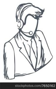 Freehand sketch of working man. Guy talking using headphones and microphone. Businessman in suit. Outline picture, simple drawn transparent person. Grey circuit vector illustration in minimalism. Hand Drawn Man, Working Person with Headphones
