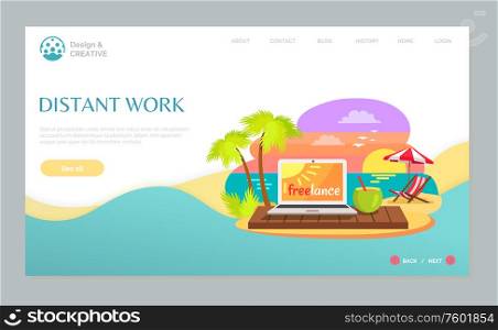 Freelance allowing to work online vector, laptop and cocktail poured in coconut shell, beverage decorated with straw. Seaside beach on sunset, website or webpage template, landing page flat style. Freelance Distant Work, Coastal Beach and Sea