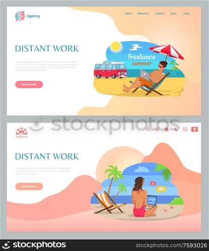 Freelance and distant online work set, people sitting on sand, using laptop on beach, ocean view. Freelancers and wireless device, summer vector. Website or webpage template, landing page flat style. Freelancers Working on Beach with Laptop Vector