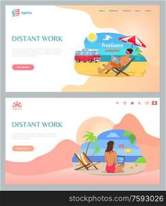 Freelance and distant online work set, people sitting on sand, using laptop on beach, ocean view. Freelancers and wireless device, summer vector. Website or webpage template, landing page flat style. Freelancers Working on Beach with Laptop Vector