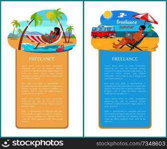 Freelance and distant work advertisements set. People work on laptops right on sandy beach. Man in recliner and woman in hammock vector illustrations.. Freelance and Distant Work Advertisements Set