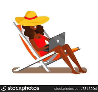 Freelance and relaxation, woman sitting in hammock-chair working, employee at distant work vector illustration isolated on white background. Freelance and Relaxation, Vector Illustration