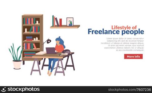 Freelance and remote workers background with more info button text and images of home working process vector illustration