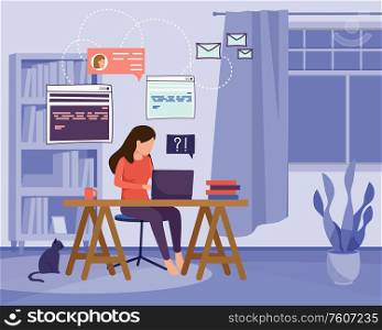 Freelance and remote workers flat background with domestic scenery and woman working at home with laptop vector illustration