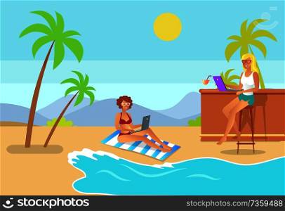 Freelance aspect illustration women and beach, freelancer girl working on laptop, distant worker at bar counter typing notebook vector coastline view. Freelance Aspect Women on Beach Freelancers Vector