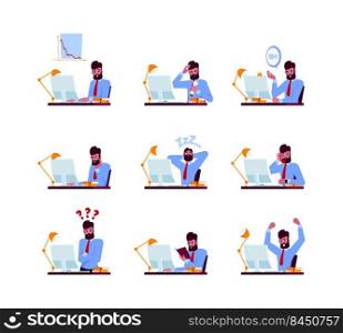 Freelance at laptop. Business place with monitor person sitting at table and working professional workplace garish vector collection of flat chatacters. Illustration of business freelance at home. Freelance at laptop. Business place with monitor person sitting at table and working professional workplace garish vector collection of flat chatacters