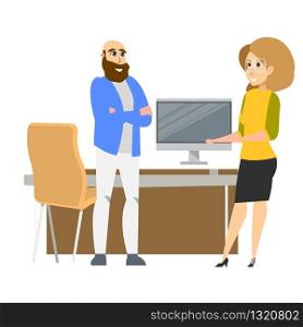 Freelance Business Character Standing at Workplace. Successful Female Office Clerk Wearing Glasses. Smiling Man Freelancer in Informal Outfit by Desk. Flat Cartoon Vector Illustration. Freelance Business Character Standing at Workplace