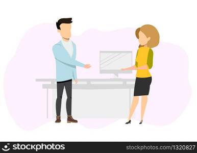 Freelance Business Couple Having Conversation. Confident, Successfull Male and Female Freelancer Character Wearing Informal Clothes Standing at Workplace. Flat Cartoon Vector Illustration. Freelance Business Couple Having Conversation