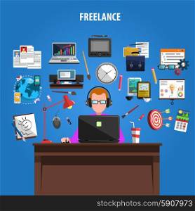 Freelance concept pictograms composition poster. Freelance opportunities for creative jobs concept pictograms composition poster with staff member at work abstract vector illustration