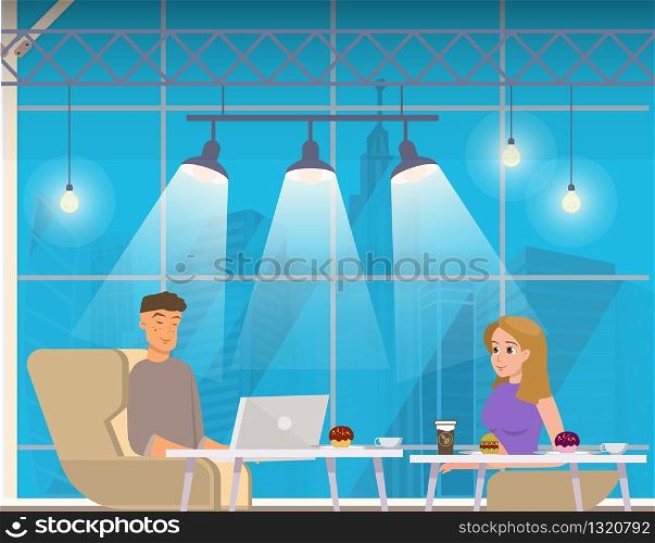 Freelance Couple with Laptop, Coffee on Coworking. Shared Modern Workplace. Character by Table Talking, Eating, Drinking and Working at Computer in Open Space. Flat Cartoon Vector Illustration. Freelance Couple with Laptop, Coffee on Coworking