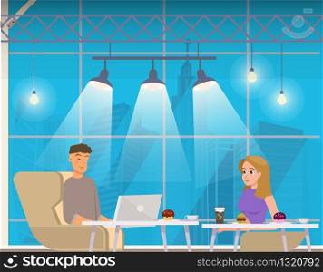 Freelance Couple with Laptop, Coffee on Coworking. Shared Modern Workplace. Character by Table Talking, Eating, Drinking and Working at Computer in Open Space. Flat Cartoon Vector Illustration. Freelance Couple with Laptop, Coffee on Coworking