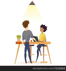 Freelance Couple Work by Table in Coworking Space. Woman Sitting on Chair Working by Computer. Young Coworker Man in Casual Outfit Standing infront. Flat Cartoon Vector Illustration. Freelance Couple Work by Table in Coworking Space